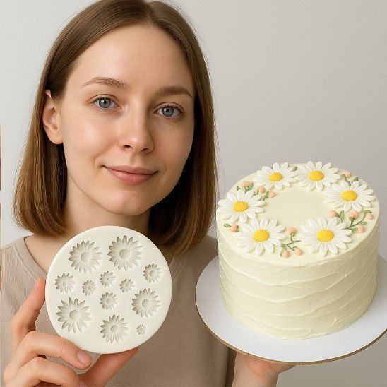 Moules en silicone​ femme montrant le résultat des fleurs sur gateau blanc