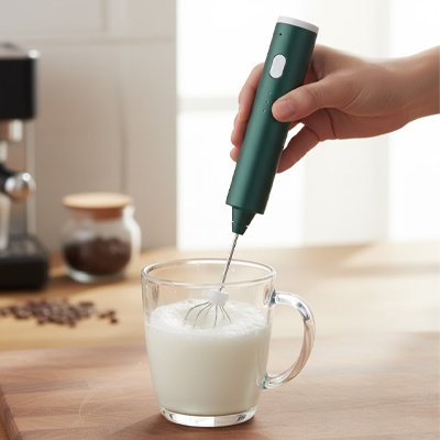 Mousseur a lait vert en train de faire une mousse de lait