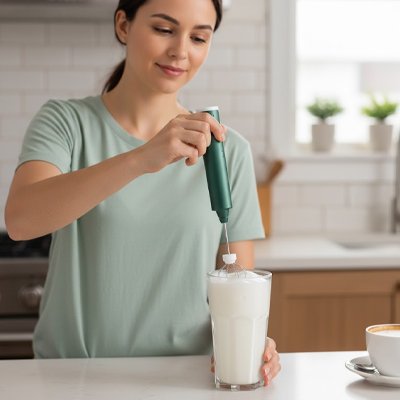Mousseur  lait dans un grand verre en train de monter du lait en mousse