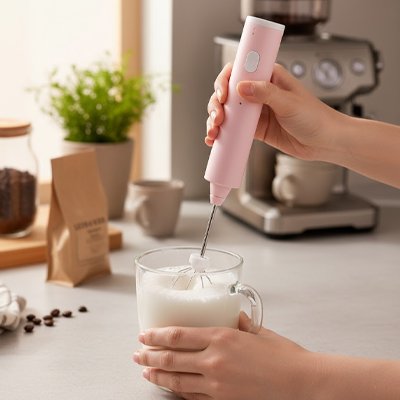 Mousseur lait rose dans une tasse transparente sur plan travail