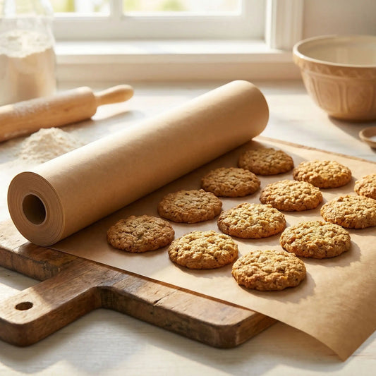 papier cuisson en rouleau sur planche avec cookies cuits