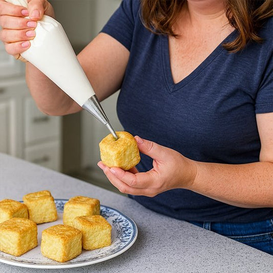Patisserie douille tenu par une femme qui remplit un gateau de crème