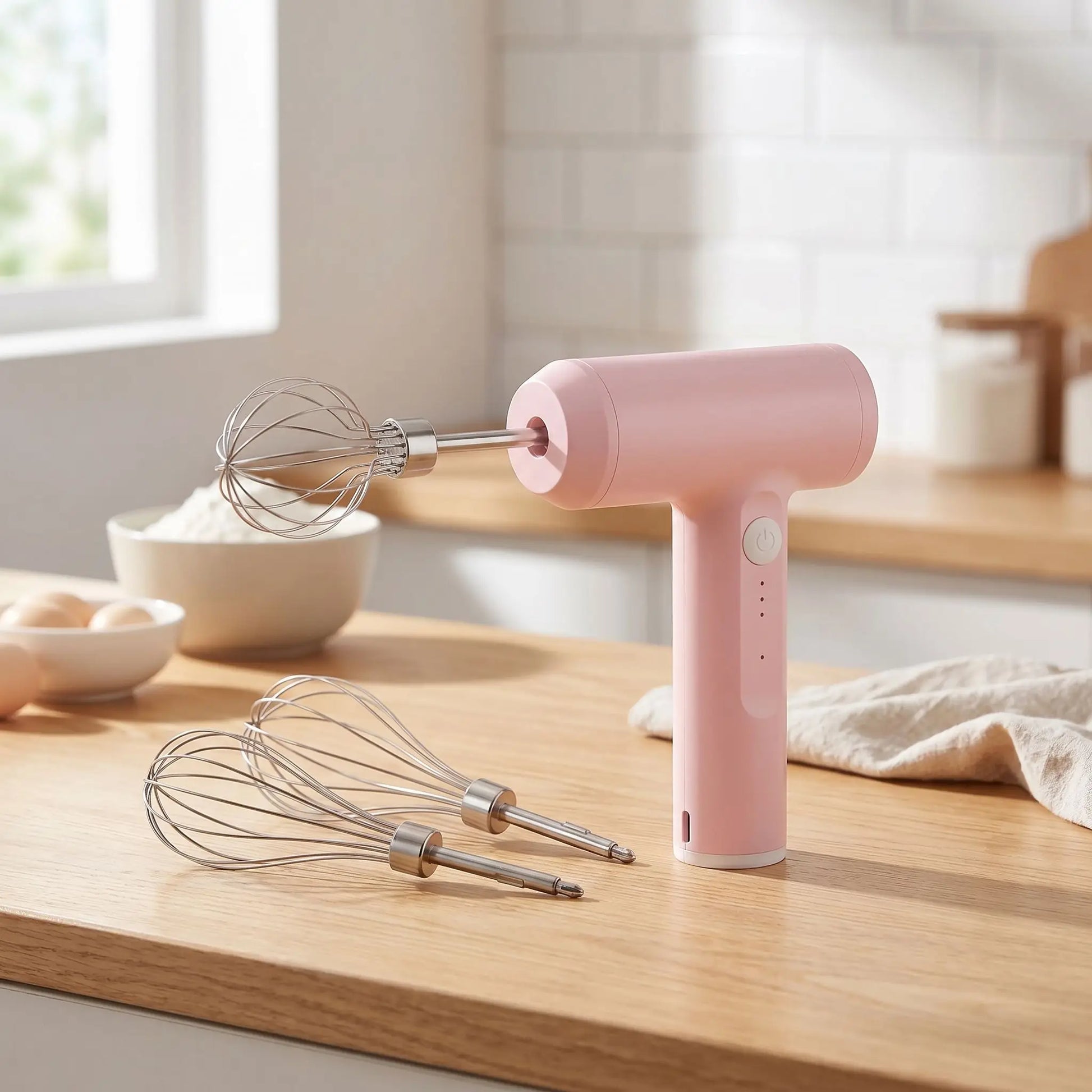 robot batteur rose sur table bois
