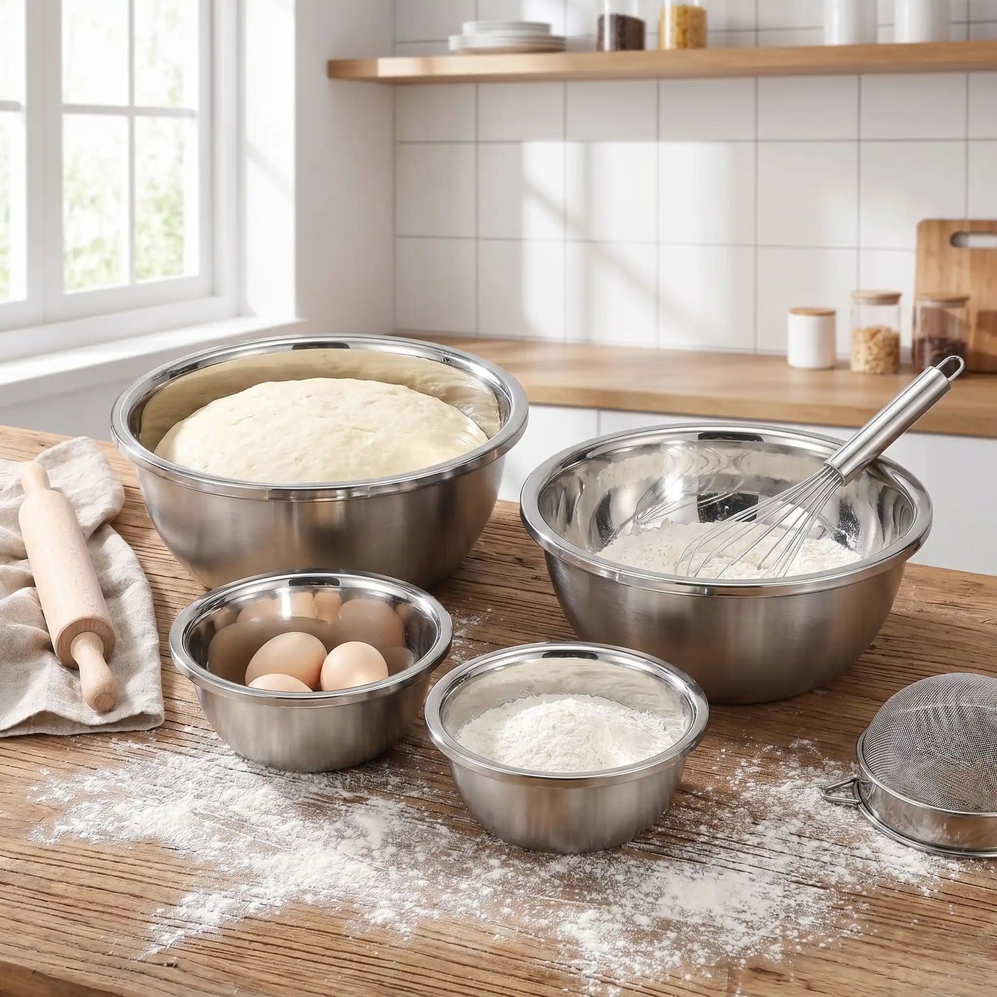 saladier inox 3 tailles differentes sur plan travail bois