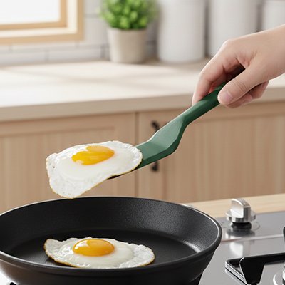 Spatule en silicone​ avec un oeuf dessus et un oeuf dans la poele