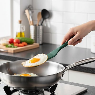 Spatule en silicone​ qui prend un oeuf au plat