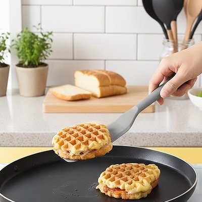 Spatule en silicone​ qui prend une gaufre de la poele