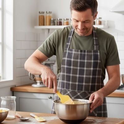 Spatule jaune homme en tablier qui patisse
