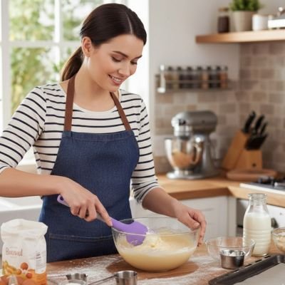 Spatule violette femme qui tourne une pate