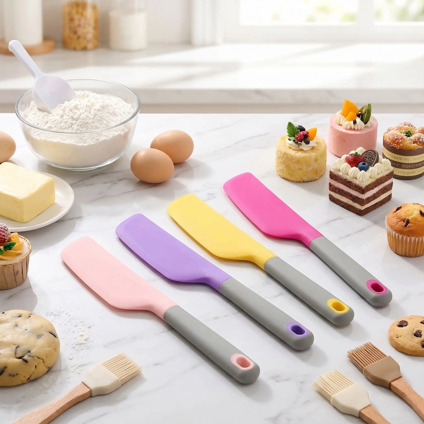 sur plan. travail 4 spatule silicone rose fushia violet jaune avec petits gateaux sur. table
