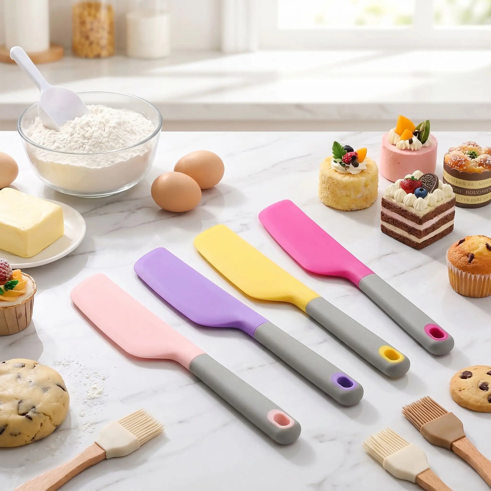 sur plan. travail 4 spatule silicone rose fushia violet jaune avec petits gateaux sur. table