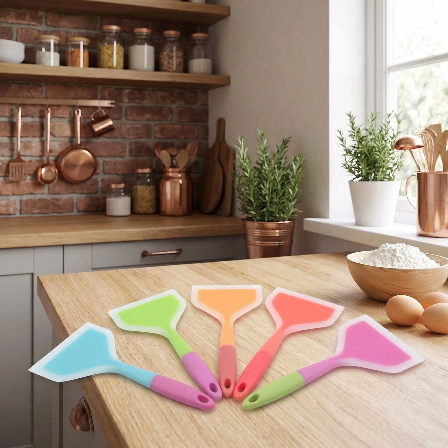 sur plan travail bois 5 spatule silicone. plusieurs couleurs