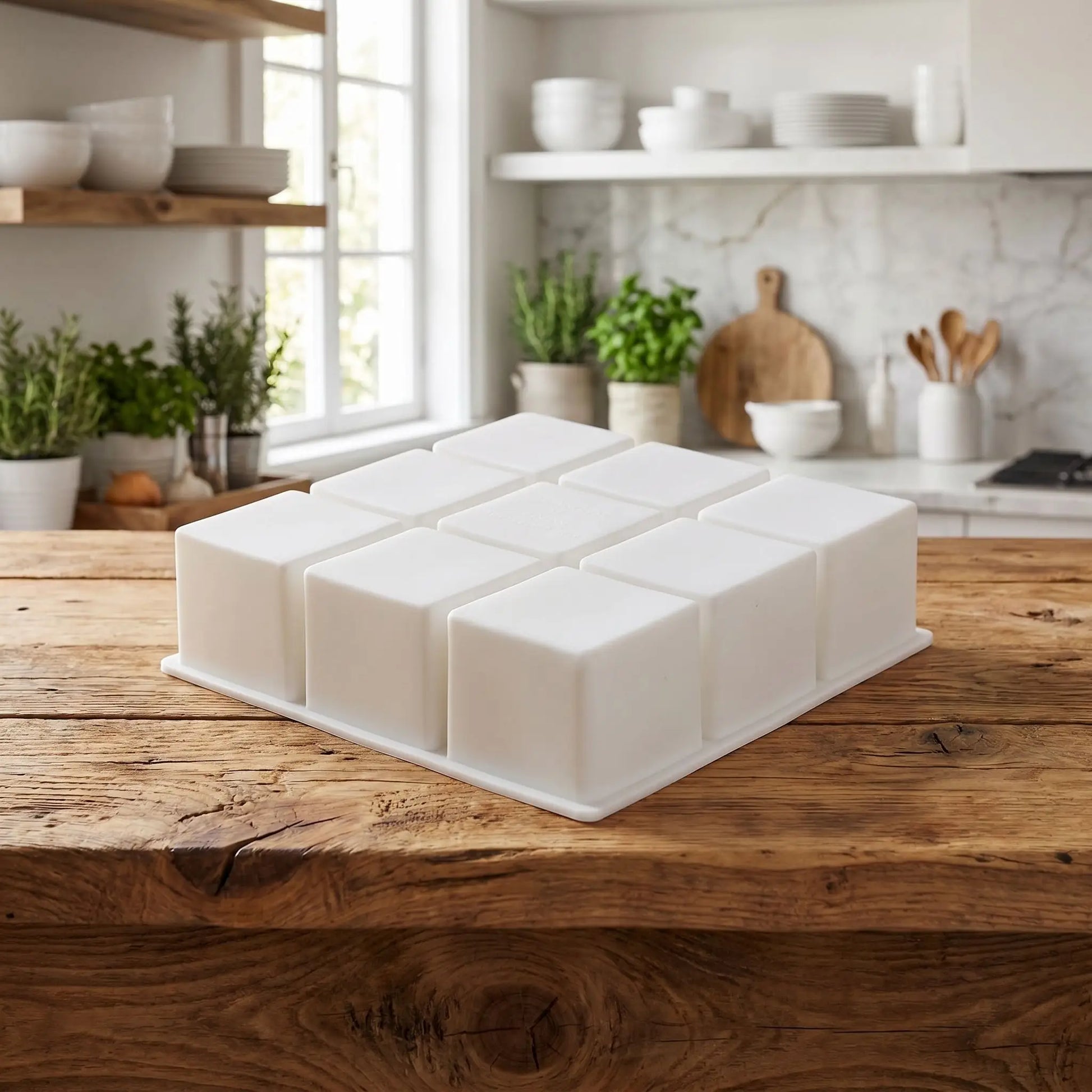 sur un plan de travail en bois un moule silicone tablette couleur blanc