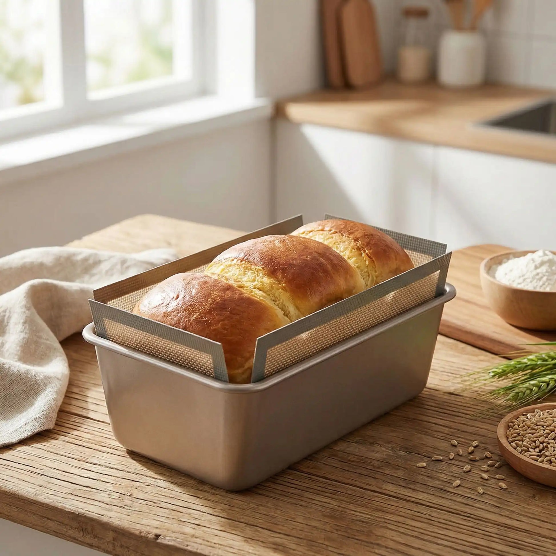 tapis de cuisson dans moule sur table bois brioche dans le moule