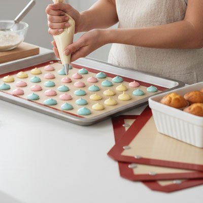 Tapis de cuisson silicone sur plaque avec coque macarons