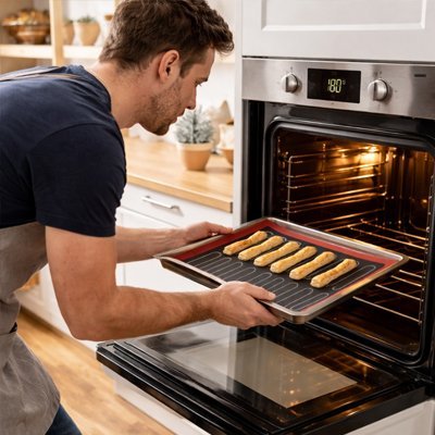 Tapis de cuisson sur grille sortant du four