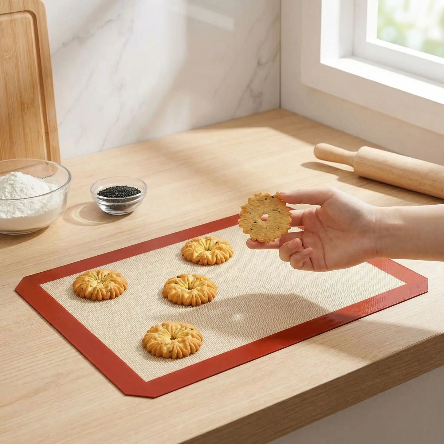 tapis de cuisson sur plan travail 4 petits gateaux cuits