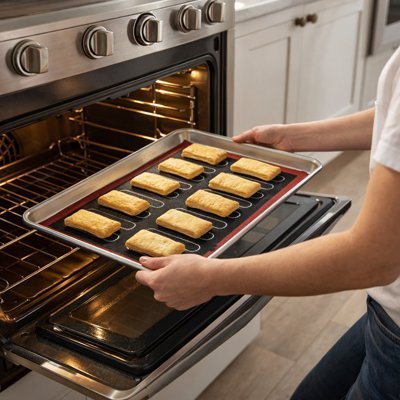 Tapis de cuisson sur plaque avec gâteaux allant au four