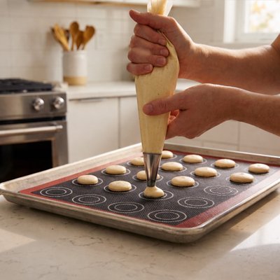 Tapis de cuisson  sur plaque poche a douille faisant des macarons