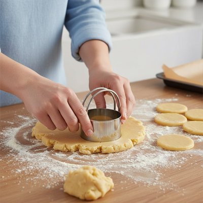 une femme qui fait des biscuits ronds avec emporte pièce rond